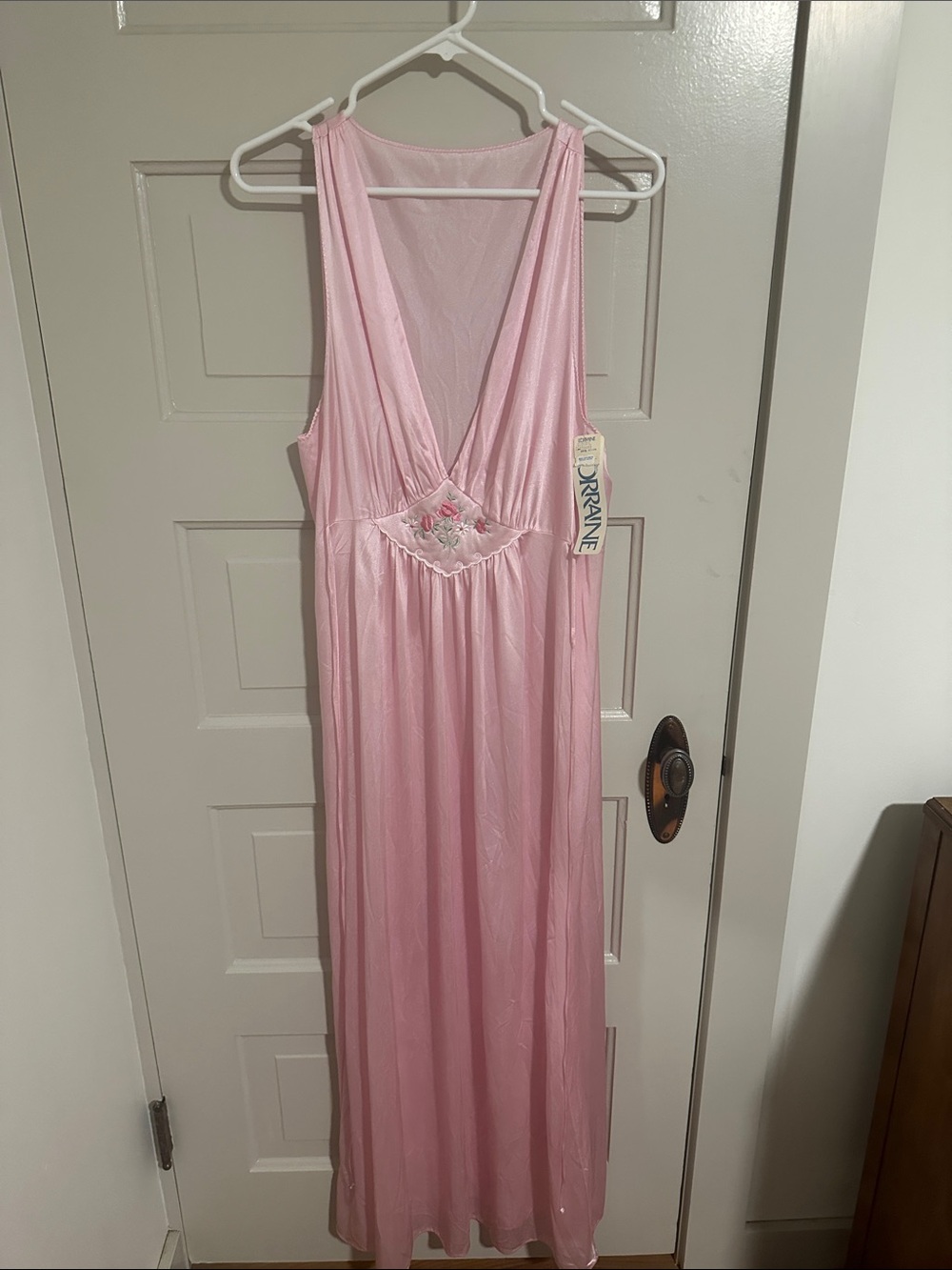 Vintage 1970s Lorraine Pink Satin Nylon Maxi Nightgown Slip Dress - Size L